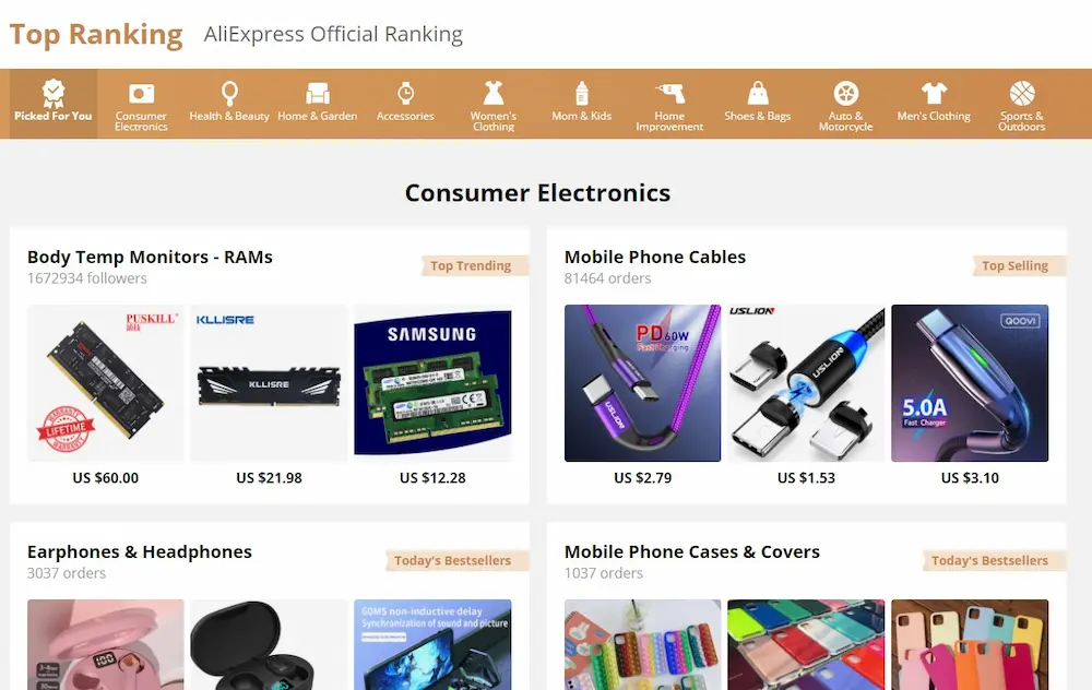 AliExpress Top Ranking homepage