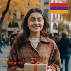AliExpress Armenia: A young and happy Armenian woman stands in the center of Yerevan and holds a gift box in her hands.