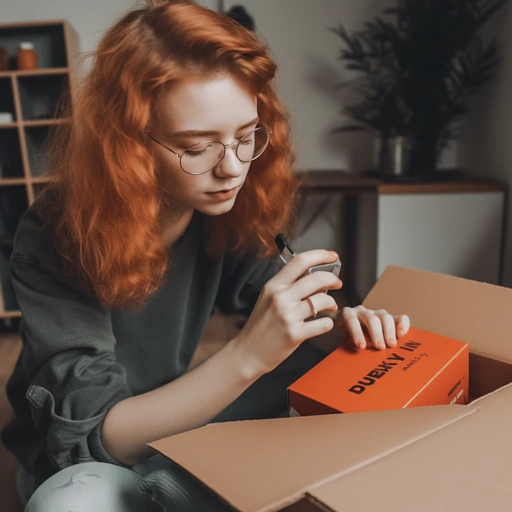 Achat réussi sur AliExpress : une fille regarde un cadeau que le vendeur a ajouté gratuitement à sa commande