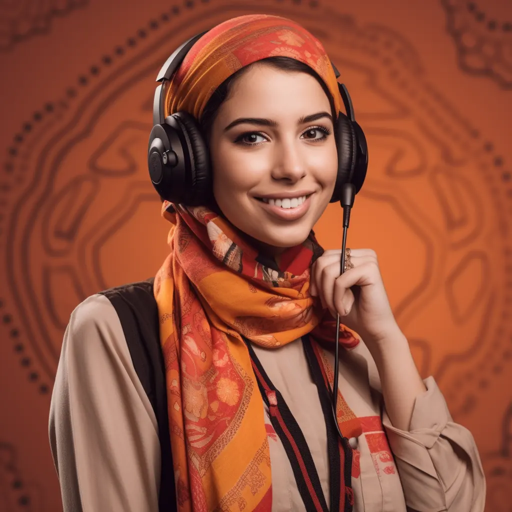 Friendly AliExpress Morocco customer service agent with a Moroccan-inspired background.