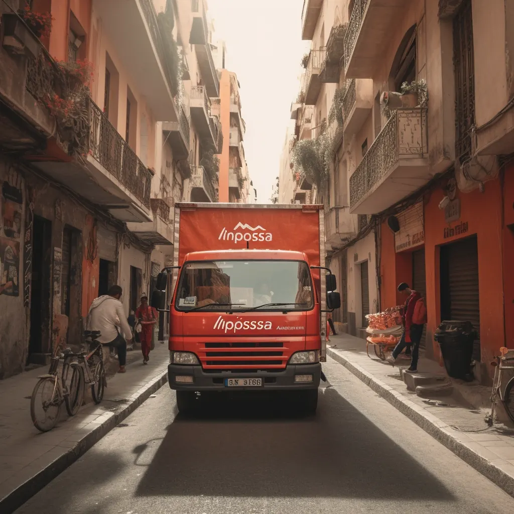 AliExpress delivery truck driving through a busy Moroccan street, showcasing efficient delivery service.