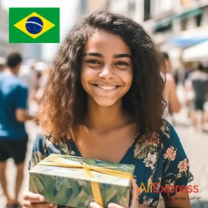 AliExpress Brazil: A young and happy Brazilian woman stands in the center of Brasília and holds a gift box in her hands.