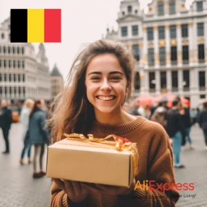 AliExpress Belgium: A young and happy Belgian woman stands in the center of Brussels and holds a gift box in her hands.