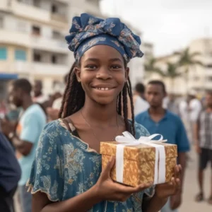 AliExpress Angola: A young and happy Angolan girl stands in the center of Luanda and holds a gift box in her hands.