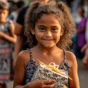 AliExpress American Samoa: A young and happy American Samoan girl stands in the center of Pago Pago and holds a gift box in her hands.