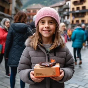 AliExpress Andorra: A young and happy Andorran girl stands in the center of Andorra la Vella and holds a gift box in her hands.