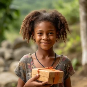 AliExpress Anguilla: A young and happy Anguillan girl stands in the center of The Valley and holds a gift box in her hands.