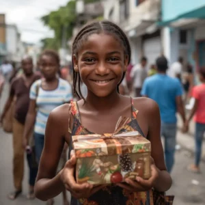 AliExpress Antigua and Barbuda: A young and happy Antiguan girl stands in the center of St. John's and holds a gift box in her hands.