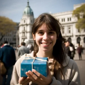 AliExpress Argentina: A young and happy Argentine woman stands in the center of Buenos Aires and holds a gift box in her hands.