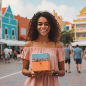AliExpress Aruba: A young and happy Aruban woman stands in the center of Oranjestad and holds a gift box in her hands.