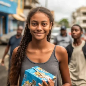 AliExpress Ascension Island: A young and happy Ascension Islander woman stands in the center of Georgetown and holds a gift box in her hands.