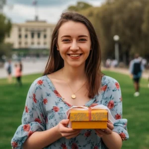 AliExpress Australia: A young and happy Australian woman stands in the center of Canberra and holds a gift box in her hands.