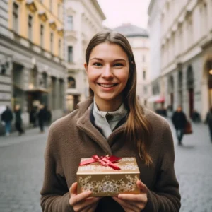 AliExpress Austria: A young and happy Austrian woman stands in the center of Vienna and holds a gift box in her hands.