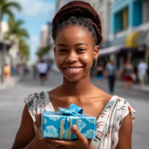 AliExpress Bahamas: A young and happy Bahamian woman stands in the center of Nassau and holds a gift box in her hands.