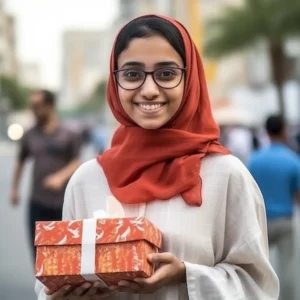 AliExpress Bahrain: A young and happy Bahraini woman stands in the center of Manama and holds a gift box in her hands.