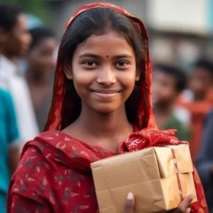 AliExpress Bangladesh: A young and happy Bangladeshi woman stands in the center of Dhaka and holds a gift box in her hands.
