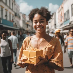 AliExpress Barbados: A young and happy Barbadian woman stands in the center of Bridgetown and holds a gift box in her hands.