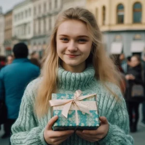 AliExpress Belarus: A young and happy Belarusian woman stands in the center of Minsk and holds a gift box in her hands.