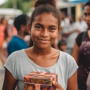 AliExpress Belize: A young and happy Belizean woman stands in the center of Belmopan and holds a gift box in her hands.
