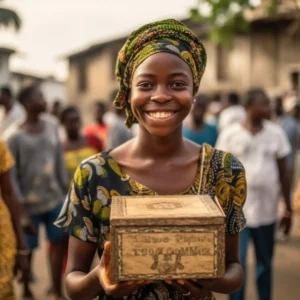 AliExpress Benin: A young and happy Beninese woman stands in the center of Porto-Novo and holds a gift box in her hands.