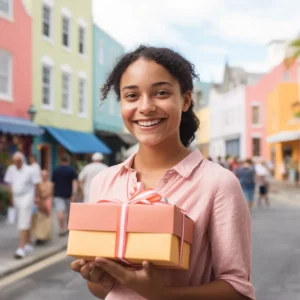 AliExpress Bermuda: A young and happy Bermudian woman stands in the center of Hamilton and holds a gift box in her hands.