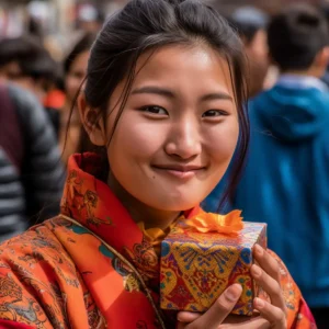 AliExpress Bhutan: A young and happy Bhutanese woman stands in the center of Thimphu and holds a gift box in her hands.