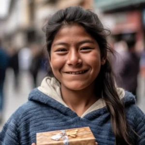 AliExpress Bolivia: A young and happy Bolivian woman stands in the center of La Paz and holds a gift box in her hands.
