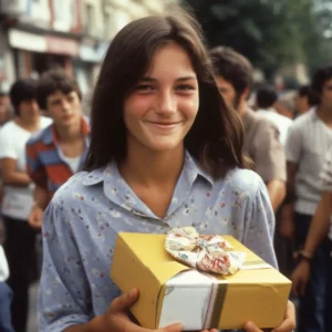 AliExpress Bosnia and Herzegovina: A young and happy Bosnian woman stands in the center of Saravejo and holds a gift box in her hands.