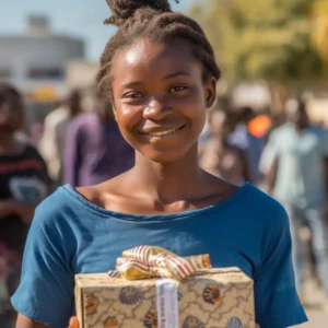 AliExpress Botswana: A young and happy Botswanan woman stands in the center of Gaborone and holds a gift box in her hands.