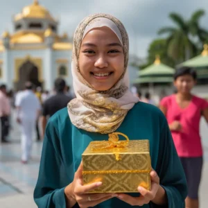 AliExpress Brunei: A young and happy Bruneian woman stands in the center of Bandar Seri Begawan and holds a gift box in her hands.