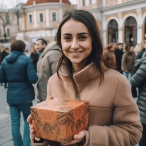 AliExpress Bulgaria: A young and happy Bulgarian woman stands in the center of Sofia and holds a gift box in her hands.