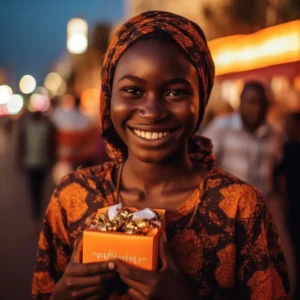 AliExpress Burkina Faso: A young and happy Burkinabe woman stands in the center of Ouagadougou and holds a gift box in her hands.