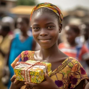 AliExpress Burundi: A young and happy Burundian woman stands in the center of Bujumbura and holds a gift box in her hands.