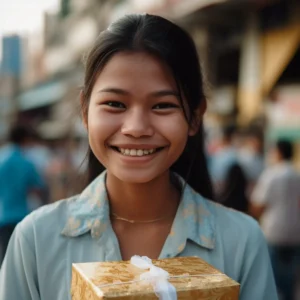 AliExpress Cambodia: A young and happy Cambodian woman stands in the center of Phnom Penh and holds a gift box in her hands.
