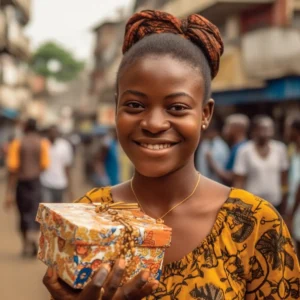 AliExpress Cameroon: A young and happy Cameroonian woman stands in the center of Yaoundé and holds a gift box in her hands.