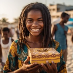 AliExpress Cape Verde: A young and happy Cape Verdean woman stands in the center of Praia and holds a gift box in her hands.