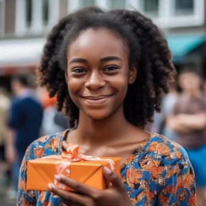 AliExpress Caribbean Netherlands: A young and happy Caribbean Dutch woman stands in the center of Kralendijk and holds a gift box in her hands.