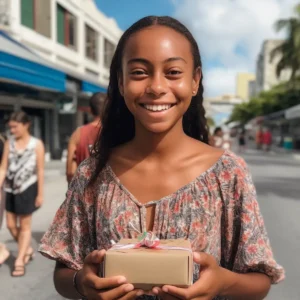 AliExpress Cayman Islands: A young and happy Caymanian woman stands in the center of George Town and holds a gift box in her hands.