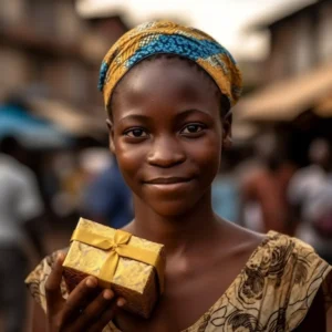 AliExpress Central African Republic: A young and happy Central African woman stands in the center of Bangui and holds a gift box in her hands.