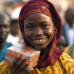 AliExpress Chad: A young and happy Chadian woman stands in the center of N'Djamena and holds a gift box in her hands.