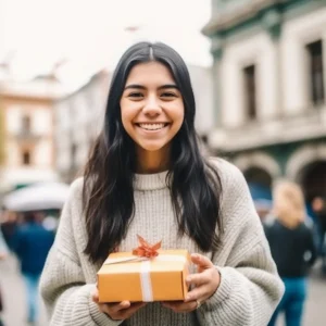 AliExpress Chile: A young and happy Chilean woman stands in the center of Santiago and holds a gift box in her hands.