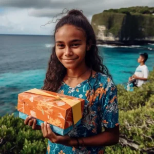 AliExpress Christmas Island: A young and happy Christmas Islander woman stands in the center of Flying Fish Cove and holds a gift box in her hands.