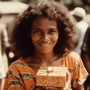 AliExpress Cocos (Keeling) Islands: A young and happy Cocos Islander woman stands in the center of West Island and holds a gift box in her hands.