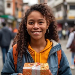 AliExpress Colombia: A young and happy Colombian woman stands in the center of Bogotá and holds a gift box in her hands.