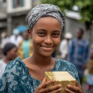 AliExpress Comoros: A young and happy Comorian woman stands in the center of Moroni and holds a gift box in her hands.