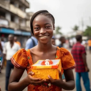 AliExpress Congo (Congo-Brazzaville): A young and happy Congolese woman stands in the center of Brazzaville and holds a gift box in her hands.