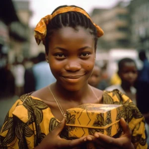 AliExpress Congo (Democratic Republic of the): A young and happy Congolese woman stands in the center of Kinshasa and holds a gift box in her hands.