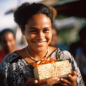 AliExpress Cook Islands: A young and happy Cook Islander woman stands in the center of Avarua and holds a gift box in her hands.