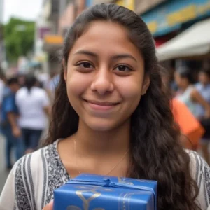 AliExpress Costa Rica: A young and happy Costa Rican woman stands in the center of San José and holds a gift box in her hands.