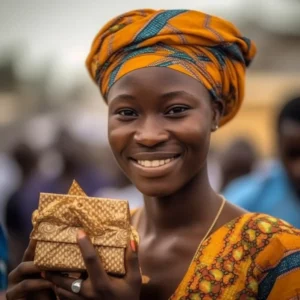 AliExpress Cote D'Ivoire: A young and happy Ivorian woman stands in the center of Yamoussoukro and holds a gift box in her hands.